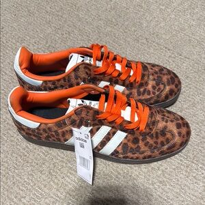 Adidas Leopard Print Sneakers with Orange Laces